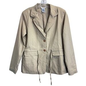 George Stretch‎ Khaki Linen Blend Blazer Jacket Women Size 10 Drawstring Waist
